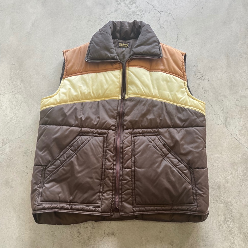 Vintage Hadway Sportswear Men Brown Colorblock Puffer Vest Large 70s Retro Quilt